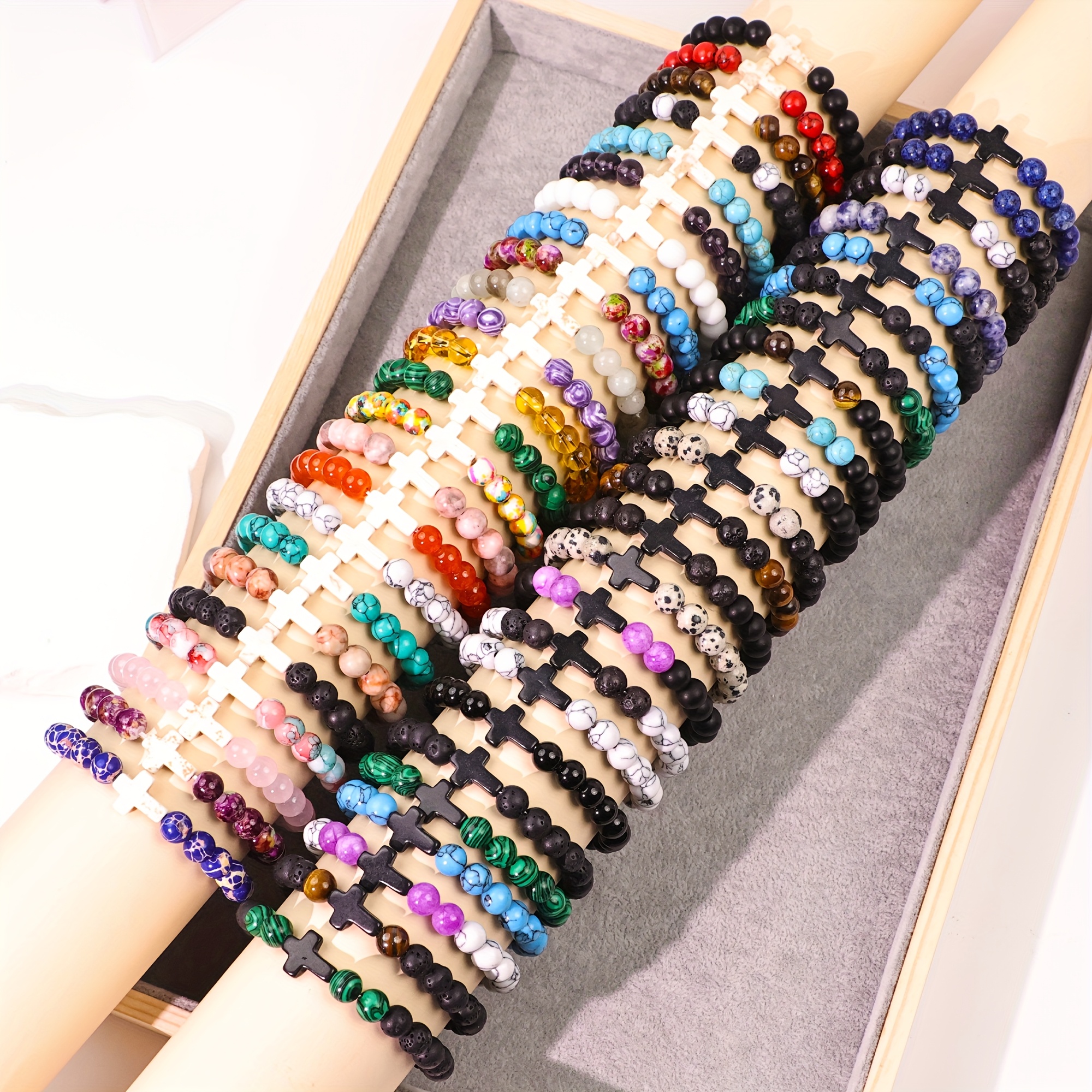 Couple Cross Bracelet, 8mm Black and White Stones